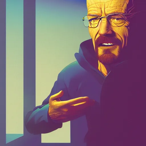 Prompt: Walter White laughing in your face, ambient lighting, 4k, saul bass, john alvin, bill gold, richard amsel, ralph mcquarrie, lois van baarle, ilya kuvshinov, rossdraws, artstation