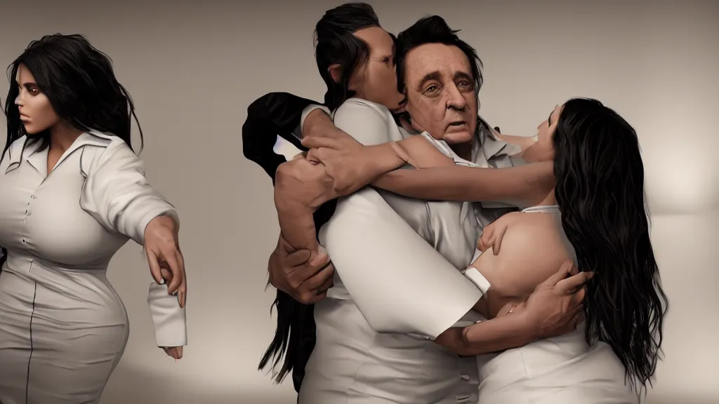 Image similar to johnny cash hugging kim kardashian, kim wearing a skintight nurse outfit, real photo, photoshooting, studio light, hospital background, intricate, epic lighting, cinematic composition, hyper realistic, 8k resolution, unreal engine 5