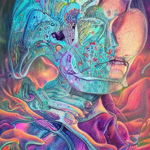 Image similar to dissociation, derealization, disconnection, amnesia, fantasy illustration, detailed, abstract, amorphous, eerie, organic, inhuman, rich colors