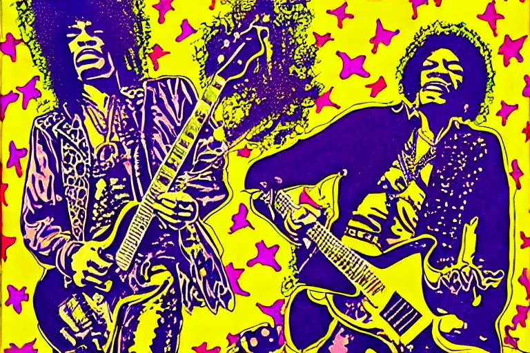 Prompt: grunge rock jimi hendrix, psychedelic concert poster, grainy, surrealist hand drawn by Frank Kozik, extremely detailed.