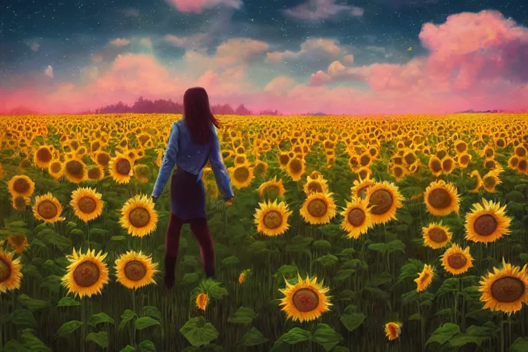 Image similar to giant sunflower as a head, girl walking in daisy field, hills, surreal photography, dark night, star trails, dramatic light, impressionist painting, clouds, digital painting, artstation, simon stalenhag