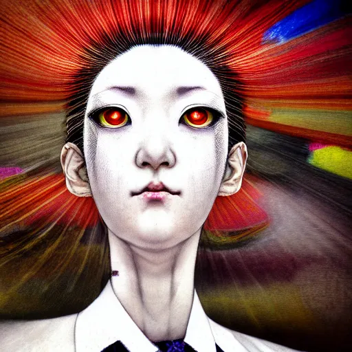 Image similar to yoshitaka amano blurred and dreamy realistic three quarter angle portrait of a woman with white hair and black eyes wearing dress suit with tie, junji ito abstract patterns in the background, satoshi kon anime, noisy film grain effect, highly detailed, renaissance oil painting, weird portrait angle, blurred lost edges