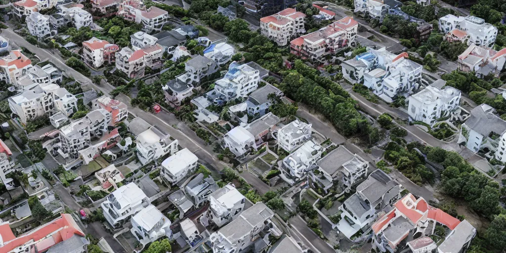 Prompt: isometric view of residential apartments being swept away by a tsunami, drone shot, hyper realistic aerial photography, 8k award-winning image