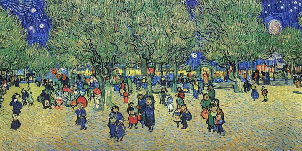 Image similar to highly detailed beautiful happy park, with childrens, by Van Gogh