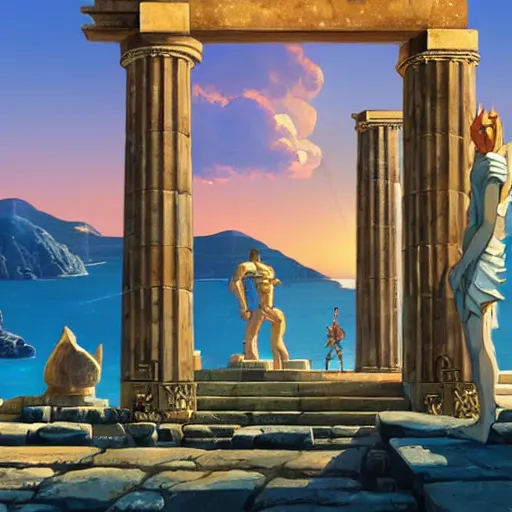 Prompt: Greek Gods, The temple of Apollo, Naxos, bright sky, natural lighting , by Makoto Shinkai, Marc Simonetti,Peter Mohrbacher , Miyazaki, Nausicaa Ghibli, Breath of The Wild