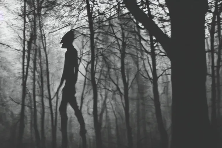 Image similar to crow human, photograph captured in a dark forest