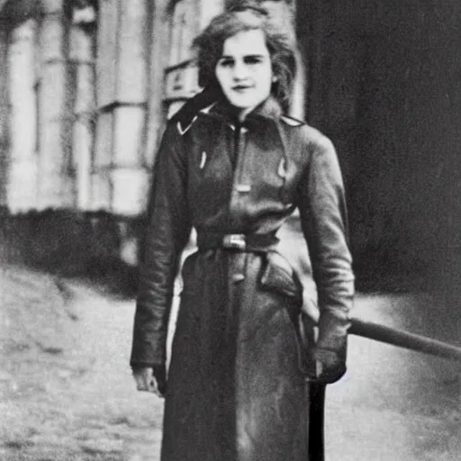 Image similar to photograph of soviet chekist comrade emma watson, posing in a long leather coat with a mauser c 9 6, vintage revolution photograph, famous photo