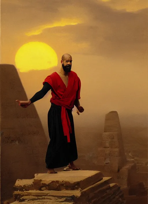 Prompt: a close portrait of a charismatic egyptian / arabic style kung fu - monk on top of a pyramid overlooking the ancient monumental egyptian city, heavy clouds and setting sun, cinematic dark mood, masterpiece by anders zorn