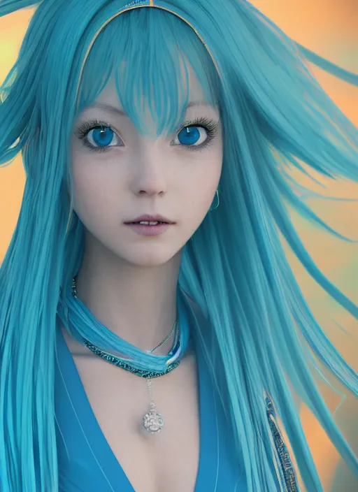 Prompt: portrait of a beautiful girl with turquoise hair and a blue dress, intricate jewelry, genshin impact, realistic anime, sharp focus, octane render, trending on artstation, 8k