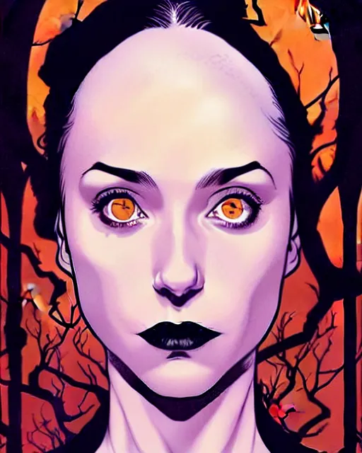 Prompt: beautiful stella maeve magician, black magic spells, in the style of joshua middleton, rafeal albuquerque comicbook cover art, phil noto, creepy pose, spooky, symmetrical face and body, cinematic lighting, detailed realistic symmetrical eyes, insanely detailed and intricate elegant, autumn leaves