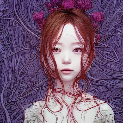 Prompt: the head of an unbelievably elegant and cute japanese girl partially made of potatoes roots and violets, an ultrafine detailed illustration by james jean, final fantasy, intricate linework, bright colors, behance contest winner, vanitas, angular, altermodern, unreal engine 5 highly rendered, global illumination, radiant light, detailed and intricate environment