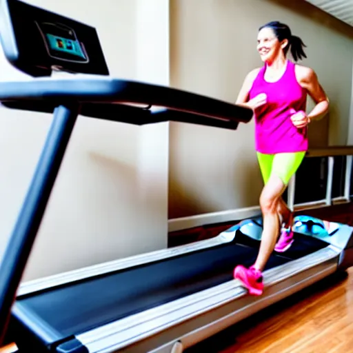 Image similar to A woman walking on a treadmill with her dog walking on a smaller treadmill next to her