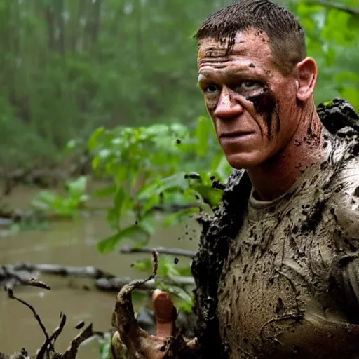 Prompt: film still of john cena as major dutch, covered in mud, hiding from the predator a few feet away from him in swamp scene in 1 9 8 7 movie predator, hd, 8 k