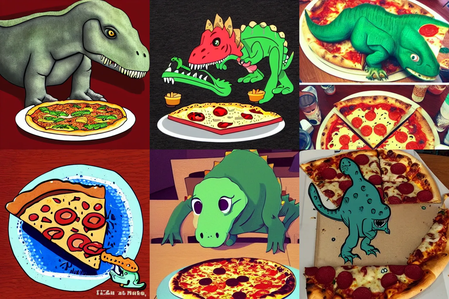 Prompt: a dinosaur!!!!!!!! eating ((((pizza))))