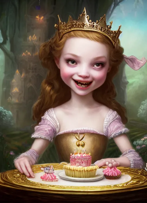 Image similar to highly detailed closeup portrait of a grinning fairytale medieval princess eating birthday cake, unreal engine, nicoletta ceccoli, mark ryden, lostfish, earl norem, global illumination, god rays, detailed and intricate environment