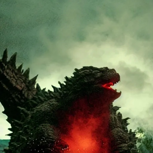 Image similar to godzilla exhaling a large hit from his bong, movie still, cinematic lighting