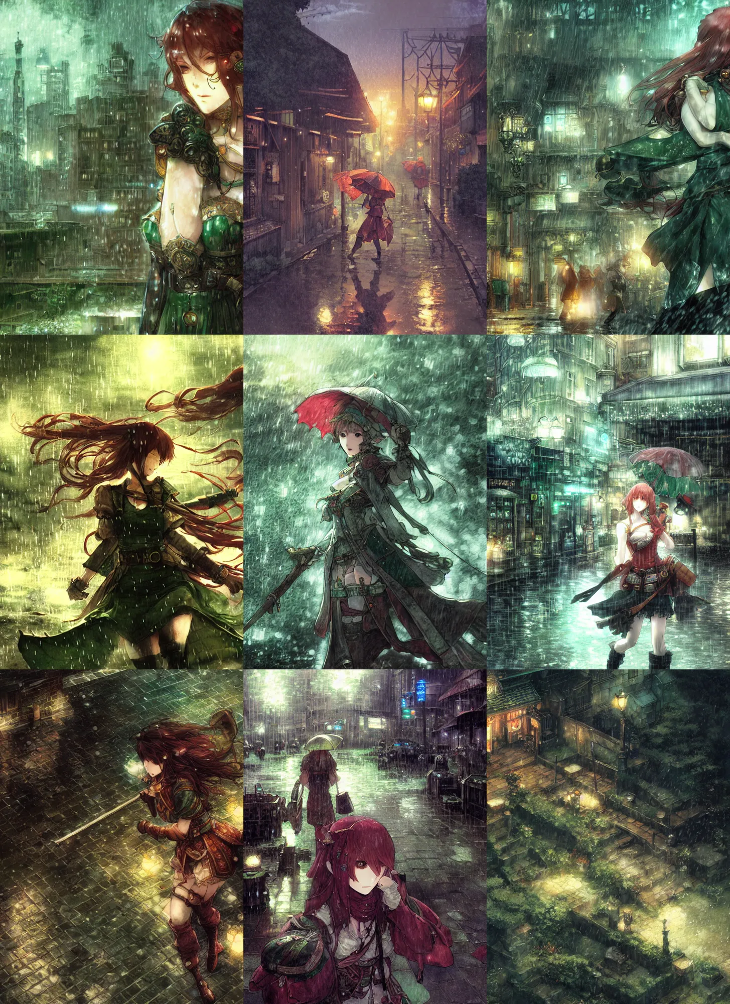 Prompt: the emerald herald under the rain, hidari, color page, tankoban, 4K, tone mapping, Akihiko Yoshida