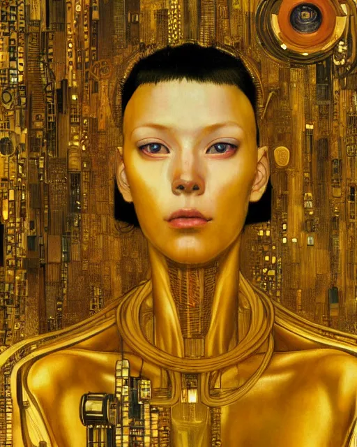 Prompt: Golden Portrait of a Cyborg from Ghost in the shell by Gustav Klimt, cyberpunk noir, baroque elements, intricate artwork by caravaggio, aesthetic, intricate, highly detailed, masterpiece