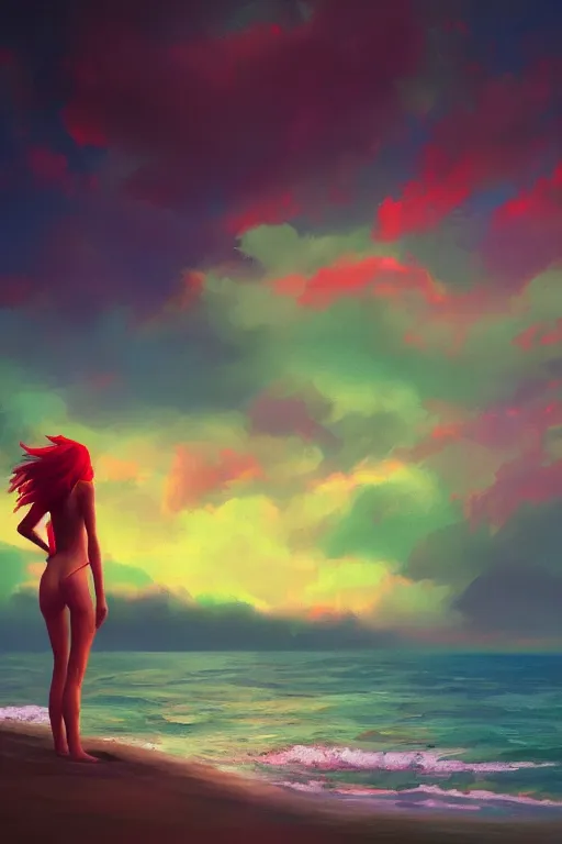 Image similar to red haired girl, green bikini, beach surreal photography, sunrise, dramatic light, impressionist painting, colorful clouds, digital painting, artstation, simon stalenhag
