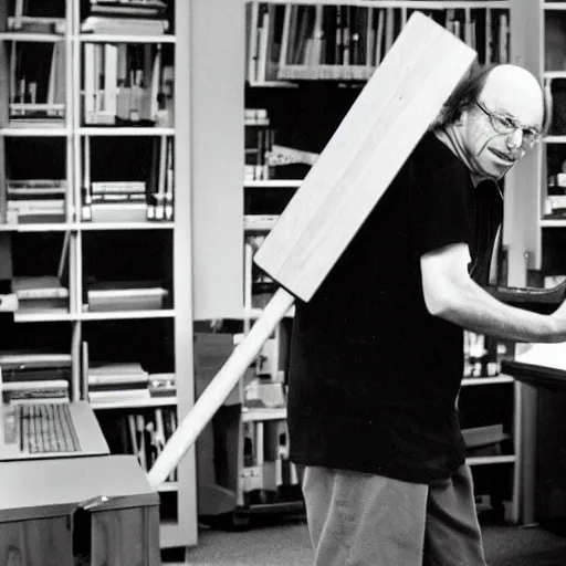 Prompt: bjarne stroustrup smashing a computer with a large mallet, photograph in an office taken in 1 9 9 5