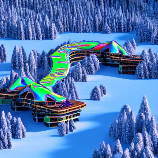 Prompt: : hyperbolic psychedelic ski resort, luxury, modern architectural plans hyper - realistic, detailed, render by c 4 d octane, unreal engine, 8 k 3 d render ray traceing