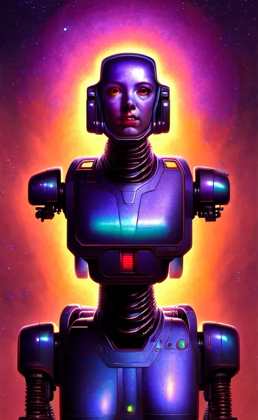 Prompt: young female battle robot, award winning, portrait bust, symmetry, faded lsd colors, galaxy background, tim hildebrandt, wayne barlowe, bruce pennington, donato giancola, larry elmore, masterpiece, trending on artstation, cinematic composition, beautiful lighting, hyper detailed!!!, 8 k, octane render