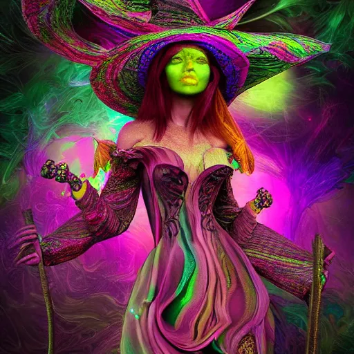Prompt: psychadelic witch with a witch hat, hyper detailed, flowing psychadelic background intricate and detailed, digital art, baroque style, 8 k, octane render
