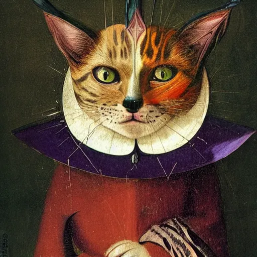 Prompt: stunning vibrant portrait of the cat of cheshire by hieronymus bosch with purple stripes and a wicked smile