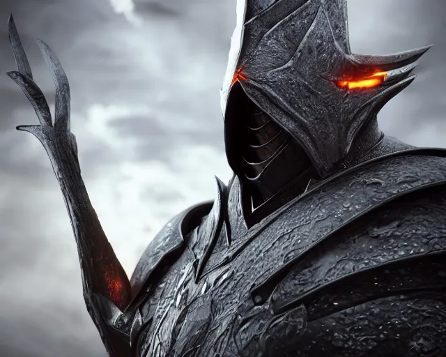 Image similar to a photorealistic 3D render portrait of sauron the dark lord wearing armor made of iron, unreal engine, octane render, cinematic lighting, a sense of evil, hard surface character concept art, dark fantasy character design, hyper realism, high detail, depth of field, stunning vfx, smooth gradients, high contrast, cgsociety