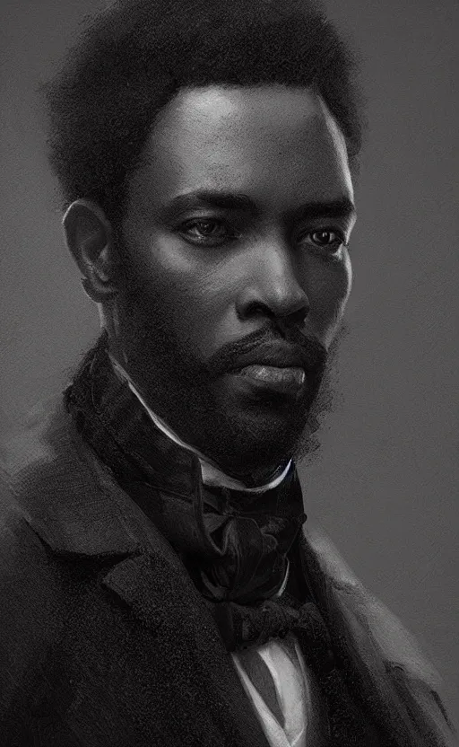 Prompt: Portrait of a black victorian gentleman, male, detailed face, 19th century, highly detailed, cinematic lighting, digital art painting by greg rutkowski