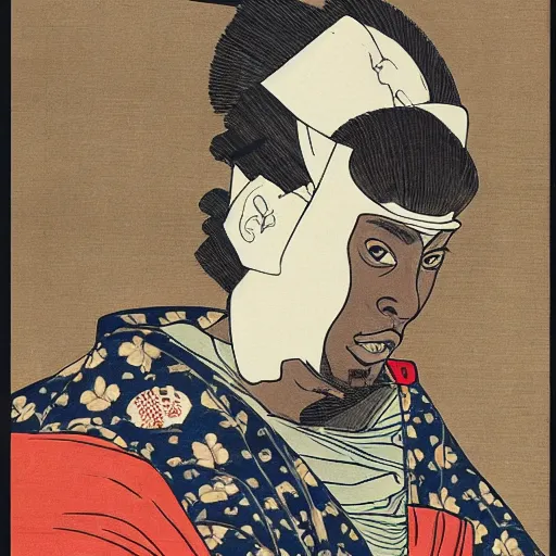 Image similar to GZA rapping, portrait, style of ancient text, hokusai