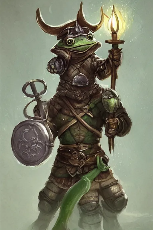 Image similar to cute anthropomorphic frog knight wearing a cape and a Viking helmet and holding lantern, tiny, small, miniature frog, baby animal, short, pale blue armor, cute and adorable, pretty, beautiful, DnD character art portrait, matte fantasy painting, DeviantArt Artstation, by Jason Felix by Steve Argyle by Tyler Jacobson by Peter Mohrbacher, cinematic lighting