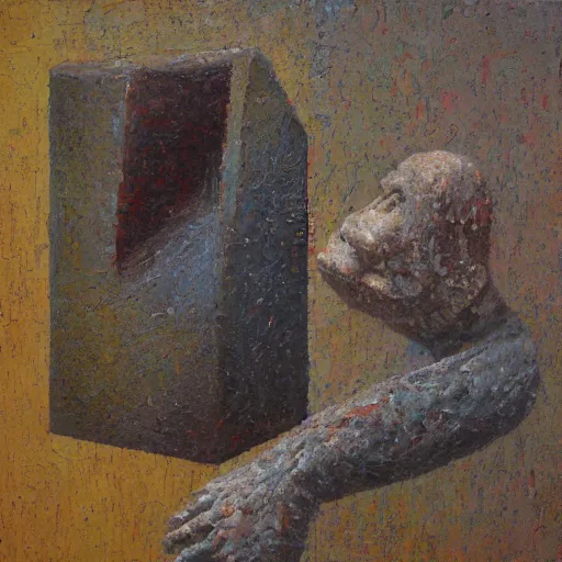 Prompt: a detailed impasto painting by shaun tan of an abstract forgotten sculpture by the caretaker and ivan seal