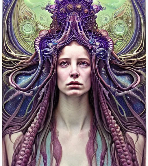 Image similar to detailed realistic beautiful young groovypunk queen of andromeda galaxy in full regal attire. face portrait. art nouveau, symbolist, visionary, baroque, giant fractal details. horizontal symmetry by zdzisław beksinski, iris van herpen, raymond swanland and alphonse mucha. highly detailed, hyper - real, beautiful