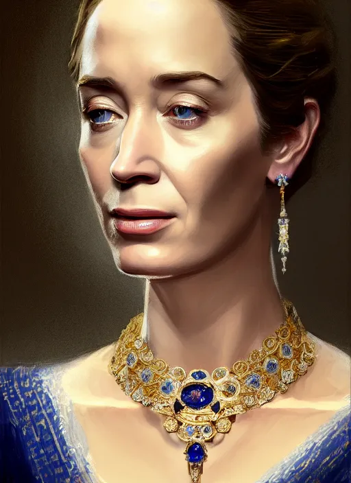 Image similar to portrait of emily blunt as arrogant queen, jewelry, greek, sapphire, victorian age, 1 8 9 0, intricate, headshot, key visual, conceptart, ambient lighting, highly detailed, digital painting, artstation, concept art, sharp focus, by makoto shinkai and akihiko yoshida and greg manchess