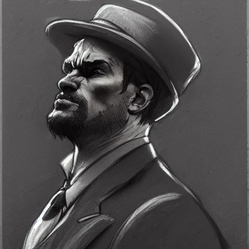 Image similar to charcoal drawing portrait of a man in suit by darek zabrocki and greg ruthkowski, alphonse mucha, simon stalenhag and cinematic and atmospheric, concept art, artstation, trending on artstation