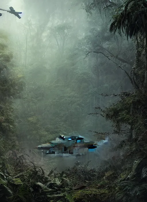 Image similar to aircraft carrier USS Nimitz overgrown with vegetation laying on the ground of a tropical forest, post appocalyptic, by Luis Royo, by Greg Rutkowski, dark, gritty, intricate, cover illustration, concept art, volumetric lighting, volumetric atmosphere, sharp focus, octane render, trending on artstation, 8k