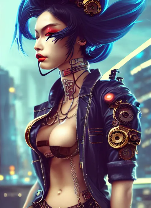 Image similar to soft lustrous ebony geisha seductive raver gutter punk steampunk cyborg, yakuza, golden ratio, details, scifi, fantasy, cyberpunk city, intricate, decadent, highly detailed, octane render, digital painting, artstation, concept art, sharp focus, illustration, art by artgerm, loish, wlop