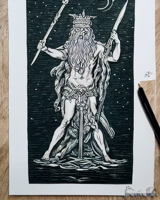 Prompt: Tarot card of Poseidon, god of the see and the protector of all waters, holding a trident, on black paper, detailed, intricate colored ink illustration, hyper-realistic