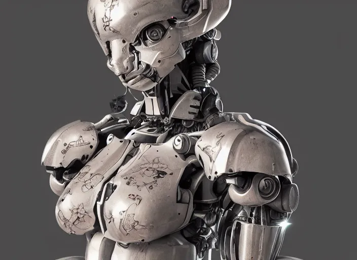 Image similar to full body portrait of a mecha girl with human tattoos, intricate, octane render, ultrafine detailed, character design, trending on artstation