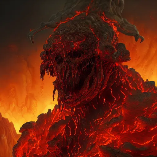 Image similar to a doom lord by an erupting volcano, au naturel, hyper detailed, digital art, trending in artstation, cinematic lighting, studio quality, smooth render, unreal engine 5 rendered, octane rendered, art style by klimt and nixeu and ian sprigger and wlop and krenz cushart