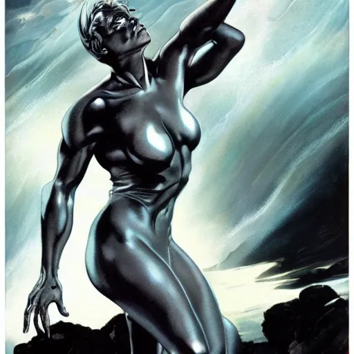 Prompt: ultra realistic portrait of a female silver surfer, as an outlaw, art by frank frazetta, vintage levi ’ s ad, stormy weather, dark vibes, 4 k, ultra realistic, highly detailed, epic lighting