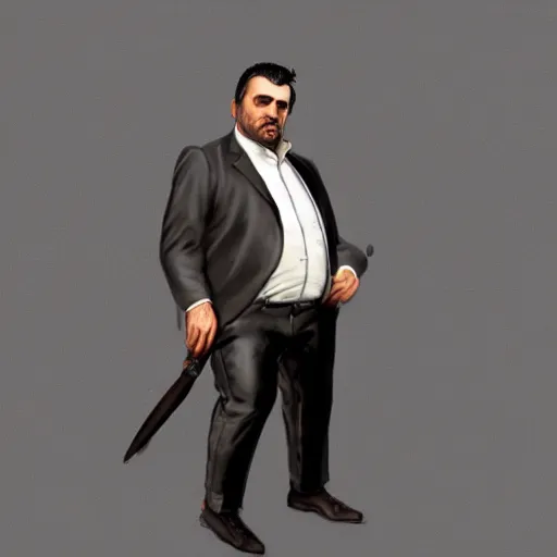 Image similar to a midage italian male, short black hair with gel, sharp teeth, overweight, fine white shirt, leather belt, black pants, leather shoes, smoking a cigar, full body, isolated background, gta v style, concept art, highly detailed, hyper realistic, unreal engine