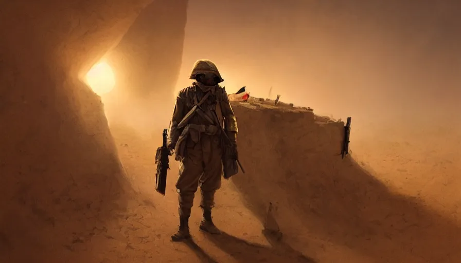 Image similar to beautiful digital painting of a soldier in a trench waiting for the war to end, in the sahara desert. cinematic lighting, atmospheric, emotions, concept art by greg rutkowski,