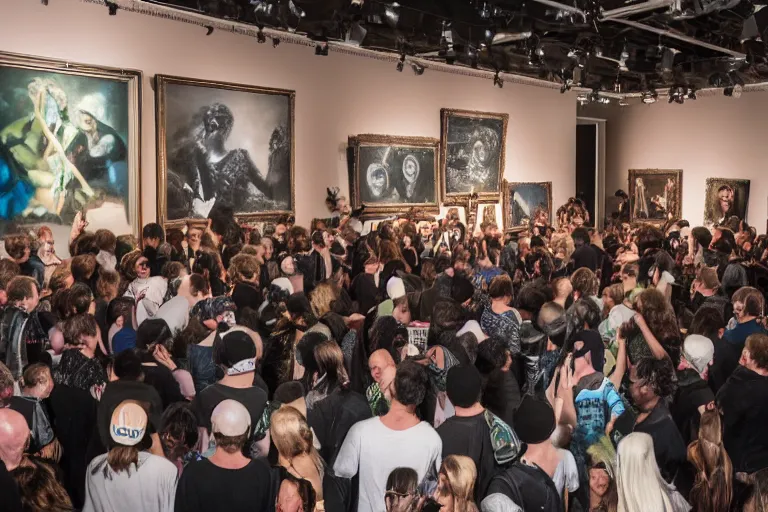 Image similar to a big group of punk people destroying a museum art show