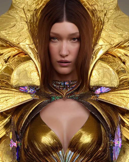 Image similar to a highly detailed metahuman 8 k close up render of bella hadid evangelion renaissance in iris van herpen dress schiaparelli in diamonds crystals swarovski and jewelry iridescent in style of alphonse mucha gustav klimt trending on artstation made in unreal engine 4