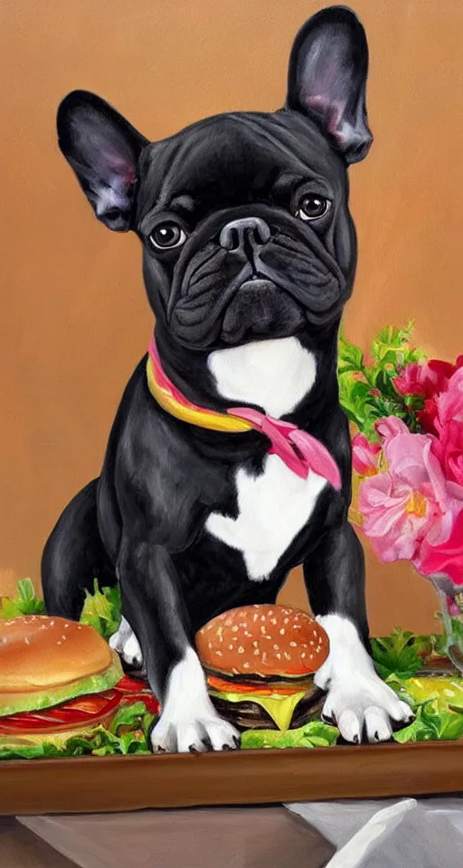 Image similar to painting of black french bulldog, portrait, tray of hamburgers, bright colors, highly detailed, rococo style painting