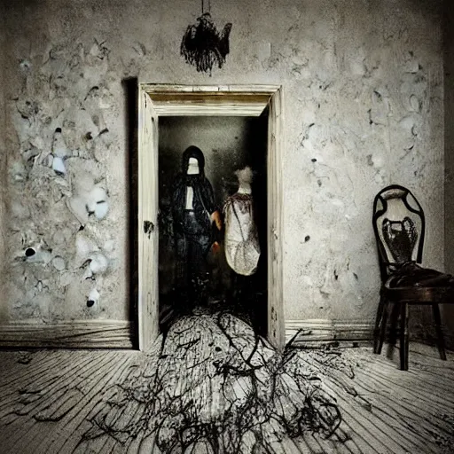 Prompt: picture of ghosts inside a creepy old house surrealism, surrealism album cover