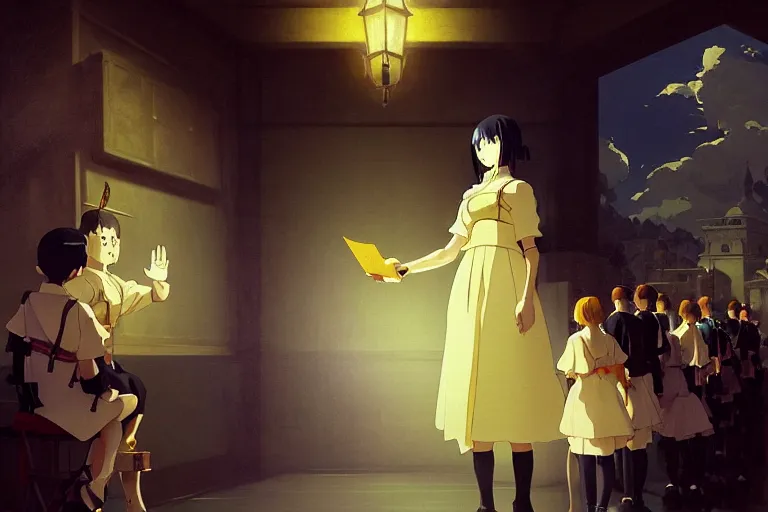 Image similar to baroque oil painting of key visual environment concept art of anime maid being sworn into presidential office, brutalist, dark fantasy, rule of thirds golden ratio, fake detail, trending pixiv fanbox, acrylic palette knife, style of makoto shinkai studio ghibli genshin impact jamie wyeth james gilleard greg rutkowski chiho aoshima