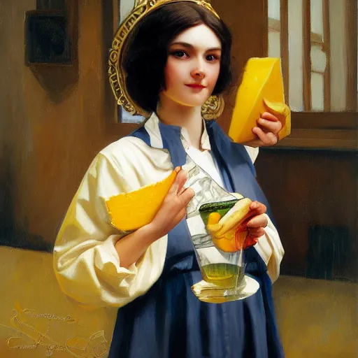 Prompt: cheese girl, oil on canvas, artstation, by J. C. Leyendecker and Edmund Blair Leighton and Charlie Bowater, octane